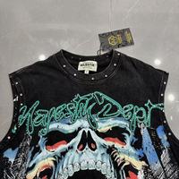 Camiseta Gráfica de Streetwear Estadounidense con Estampado de Calavera Anime y Pedrería, Sin Mangas, de Marca de Diseñador, con Efecto Lavado, para Hombre, Majestik