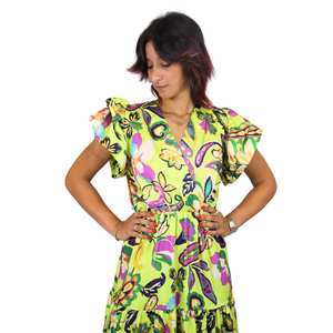Robe longue florale pour femmes, jaune et violette, manches à volants, col en V, robe d'été longue - Product Image 5