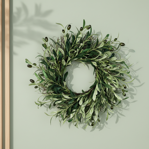 Corona Colgante de Flores de Olivo Artificiales de Plástico Ecológico Rústico para <span class=keywords><strong>Navidad</strong></span>, Guirnalda de Ramas de Olivo para Entrada, <span class=keywords><strong>Chimenea</strong></span>, Pared - Product Image 1