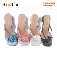 Sandal Selop Wanita Ringan, Bernapas, Anti-Selip, Kasual, Modis, PU, Ujung Persegi, Hiasan Berlian Imitasi, Hak Tebal