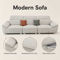 Canapé de salon/appartement 320 cm en lin et velours crème beige, forme voilier, avec appui-tête réglable et amovible – Solution de projet