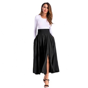 Jupes longues plissées à taille haute avec poche pour femmes, printemps, fente latérale, mode, avec ceinture, décontractées, Saia Longa, gris E8601 - Product Image 2