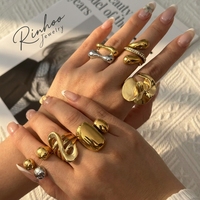 RINHOO Edelstahl Unregelmäßiger Breiter Ring Wellenmuster Zirkon Zweifarbig Hohl Gedreht Modischer Damenschmuck Geschenk