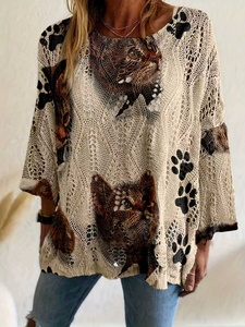 Maglione da <span class=keywords><strong>Donna</strong></span> Bohemien con Stampa Digitale Gatto, Collo <span class=keywords><strong>a</strong></span> O, Oversize, in <span class=keywords><strong>Maglia</strong></span> Pointelle, 100% Poliestere, Collezione Primavera 2026 - Product Image 4