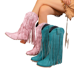 Botas vaqueras de mujer estilo western, de invierno, a media pantorrilla, con punta puntiaguda, remaches, borlas, tacón cuadrado, suela de goma, botas altas hasta la rodilla - Product Image 6