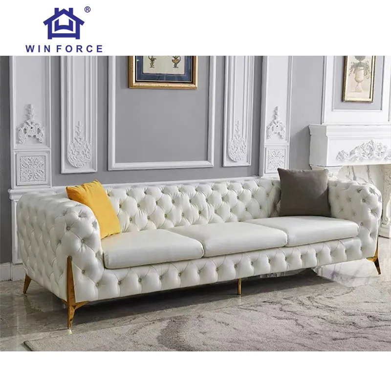 Winforce Outlet 3-Sitzer Luxus-Chesterfield-Sofa Couch mit Glod-Metallbein, Samt-Getuft-Sofa-Set für Wohnzimmermöbel
