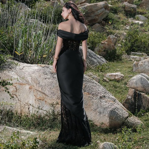 black v neck long sleeve dress A-line V neck Black Prom Dress Long Sleeve Lace Applique Tulle Evening –  SELINADRESS main image 1