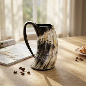 Mug en corne de buffle poli, fait main, écologique, d'inspiration viking, style art populaire religieux, avec couvercle et bouchon de paille, pour boissons chaudes, Noël - Product Image 1