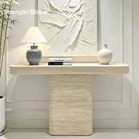 Table console en travertin beige naturel Wabi Sabi, plateau ovale arrondi flottant, table console d'entrée pour villa et hôtel