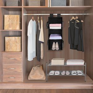 Organisateur de placard suspendu à 3 étagères, pliable avec poches en filet pour le rangement des vêtements, utilisation en chambre à coucher, noir, 33x15x85cm - Product Image 6