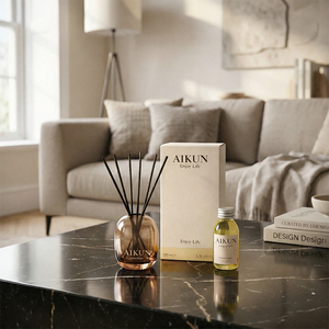 Aikun Distributor Thick Glass Bottle 120ml IP16 Formula Woody Fragrance Natural Rattan Gift Box Reed <b>Diffuser</b> Set for Home Decor - Product Image 1