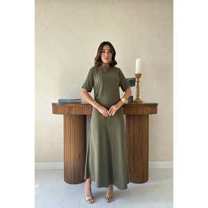 Vestido Casual Diario de Cuello Redondo Plisado Color Caqui al por Mayor, con Cintura Natural, Silueta Holgada y Tejido Transpirable - Product Image 5