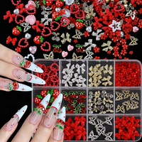 12 Grilles de Décorations d'Ongles 3D en Alliage et Résine, Motifs Cœur de Fraise Rouge et Papillon, pour Manucure