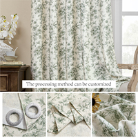 Rideaux en mélange de lin à motif floral de pivoine verte style ferme, avec passe-tringle, pour la maison, le salon et la chambre