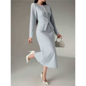 <span class=keywords><strong>Completo</strong></span> Donna Due Pezzi <span class=keywords><strong>in</strong></span> <span class=keywords><strong>Tweed</strong></span> Autunnale Casual alla Moda con Blazer Largo Tinta Unita e Gonna a Metà Polpaccio - Product Image 2