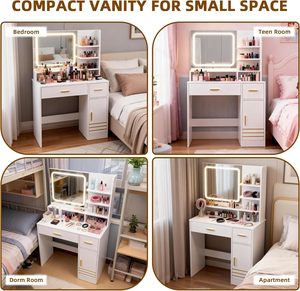 Tocador con Espejo LED y Enchufe, 2 Cajones, 3 Estantes Abiertos y 1 Armario de Almacenamiento para <span class=keywords><strong>Dormitorio</strong></span> - Product Image 5