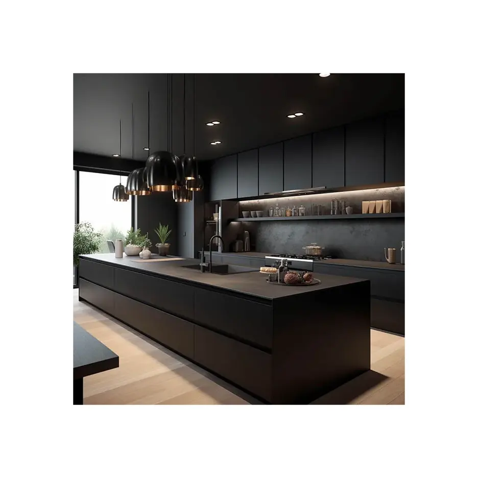 Pannello in melamina in legno massello personalizzato Vermont nero lucido moderno opaco All Black armadi da cucina Design