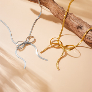 Bowknot Snake Chain Necklace Gold Plated Stainless Steel Fashion Pendant For Gift - Product Image 1