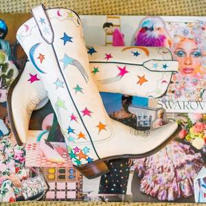 รองเท้าบูทคาวบอยปักลายดาวพระจันทร์สำหรับเด็กผู้หญิงรองเท้า2024รองเท้าบูทส้นสูงเข่าตะวันตกส้นหนารองเท้าผู้หญิง - Product Image 6