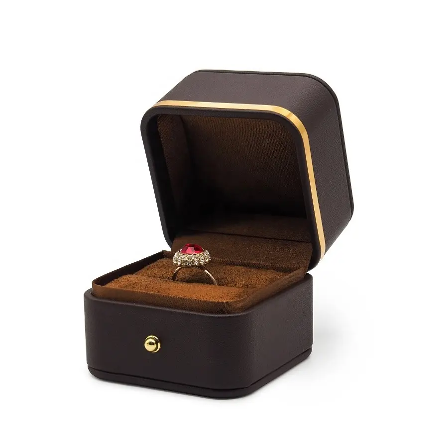 पु चमड़े के गहने बक्से गोल्डन बॉर्डर भूरे रंग गहना पैकेजिंग बॉक्स तैयार शेयर उपहार गहने शादी की अंगूठी बॉक्स चमड़े