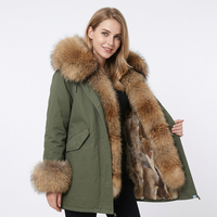 Damen-Parka in Olivgrün mit Pelzbesatz an Kapuze und Bündchen, winddichter, dicker Wintermantel in normaler Länge, lange Ärmel, Reißverschluss.