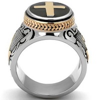 YL Zweifarbiger Retro Herren-Legierungsring mit vergoldetem Gebets-Kreuz und Gotteshand-Motiv