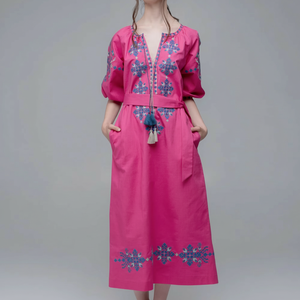 ชุดเดรสสตรีแขนยาวสไตล์ยูเครนชุดเดรสแต่งจีบผ้าลินินปักลายด้วยเข็มขัด - Product Image 1