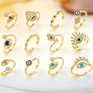 Anillo de Moda FY con Mano de Hamsa y Ojo Turco, Joyería de Protección, Anillo Ajustable Apilable con Zirconia Azul, Amuleto Nazar - Product Image 3