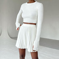 Vêtements de sport décontracté fille Sexy manches longues haut tricoté Mini robe costume femmes pull Tennis 2 pièces jupe ensemble plissé