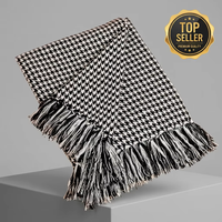Designer Hahnentritt-Akzent-Decke mit Fransen und Quasten für Sofa und Bett, Schicke Karierte Jacquard-Decke für Ästhetische Raumdekoration