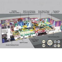 Équipement de terrain de jeux intérieur commercial PAGODA, structure d'escalade avec trois toboggans bleus, tour en forme de baril, toboggan spiralé, bac à sable pour enfants FEC