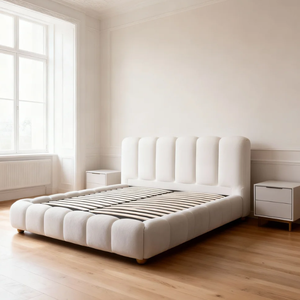 Camas Modernas de Tela Crema de Lujo, Tamaño <span class=keywords><strong>King</strong></span> Size, de Madera, Tapizadas, con Estructura de Cama Doble, Otomana y Almacenamiento - Product Image 2