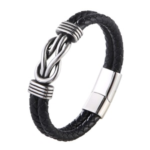 Bracciale da <span class=keywords><strong>uomo</strong></span> in pelle intrecciata con charm magnetico in acciaio inossidabile, stile punk rock, con filo di cucito in pelle, accessorio <span class=keywords><strong>elegante</strong></span> da rocker. - Product Image 1