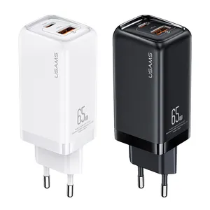 USAMS 2022 Best Selling EU Plug Fast Charging Travel Adapter USB C Charger PD 65W Fast Wall USB Charger for Laptop