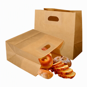 Sac en papier kraft brun avec logo personnalisé, poignée découpée, emballage pour boulangerie, sac à pain - Product Image 1