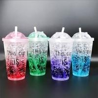 Bouteille d'eau en plastique personnalisable vente en gros, tasse de paille d'été à Double Gel avec couvercle à glissière rouge, tasse de glace refroidie et à glace