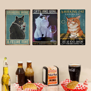 Ensemble de plaques métalliques vintage avec motifs chat, vin et café, style rétro, pour décoration murale de bar, cuisine, café et maison - Product Image 1