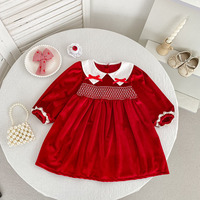 Robe-bodysuit en velours smocké rouge à col Claudine pour bébés filles, tenue de Noël assortie pour frères et sœurs