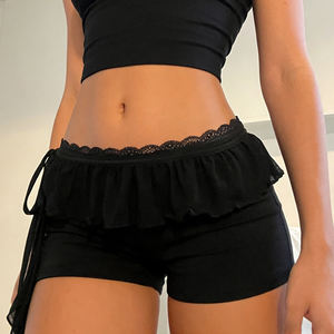 Vacation Style Solid <b>Lace</b> Trim Asymmetrical Ruffle Hem Low Rise Shorts Sexy Breathable Slim Fit Hot Girl Bottoms - Product Image 2