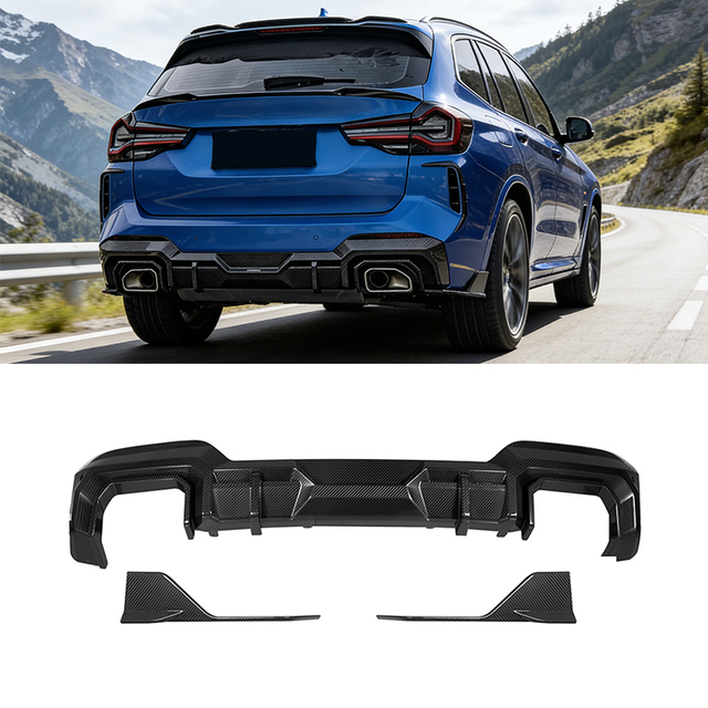 Real Dry Carbon Fiber Rear Diffuser With Rear Splitter 3PCS for BMW X3 G01 M40i G08 LCI 2022+ Rear Bumper Diffuser