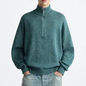 OEM Custom Men's Knitted Oversized Solid Color Crew Neck Cotton Pullover Loose Knit Sweater half zip mens turtleneck sweater