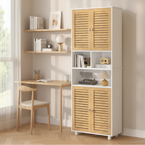 Armoire <span class=keywords><strong>de</strong></span> salle <span class=keywords><strong>de</strong></span> bain haute avec 3 compartiments ouverts, étagères réglables et 4 portes en bambou pour salon, cuisine et salle <span class=keywords><strong>de</strong></span> bain - Product Image 2