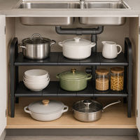 Étagère de rangement sous évier à double niveau, 8 panneaux extensibles, organisateur de placard de cuisine, étagère réglable, économiseur d'espace, métal noir