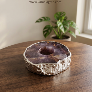 Porte-bougie artisanal en agate verte polie avec bordure argentée, forme irrégulière, décoration d'intérieur - Product Image 2