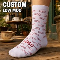 Chaussettes blanches personnalisées avec logo, texte rouge et impression diagonale pour hommes et femmes, cadeau en gros