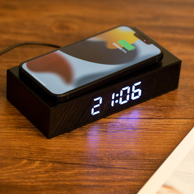 Fast Charging LED Desktop Wireless Charger Time Temperature Voice Control Wood Digital Alarm Clock