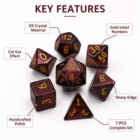 Jeu de dés polyédriques carrés K9 Crystal Cat Eye 7 pièces RPG DND Dungeons and Dragons avec chiffres incrustés d'or et bords tranchants