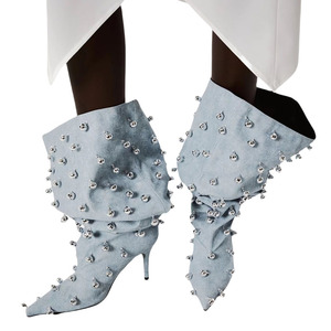 Women Metal Studs Denim <b>Shoes</b> High Heels Pointed Toe Stiletto Knee High Boots Top Wide Pleated Upper Long Booties - Product Image 2