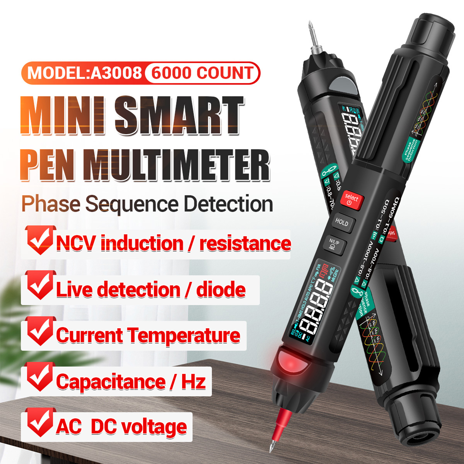 A3008 Digital Multimeter Auto Intelligent Sensor Pen Tester 6000 Counts NonContact Voltage Meter Multimeter Polimetro