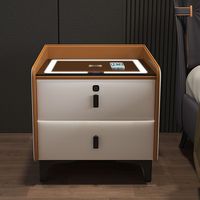 Table de chevet intelligente de luxe avec chargeur sans fil, haut-parleur Bluetooth, port USB, lumière LED, 2 tiroirs, table de chevet moderne en bois pour chambre à coucher